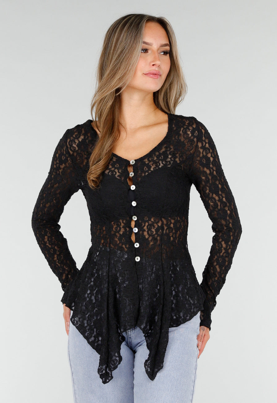 Zwarte Kanten Peplum Top met Knopen