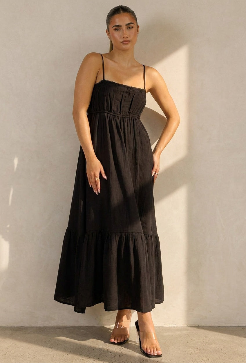 Zwarte Mousseline Maxi Jurk met Spaghettibandjes en Smokdetail