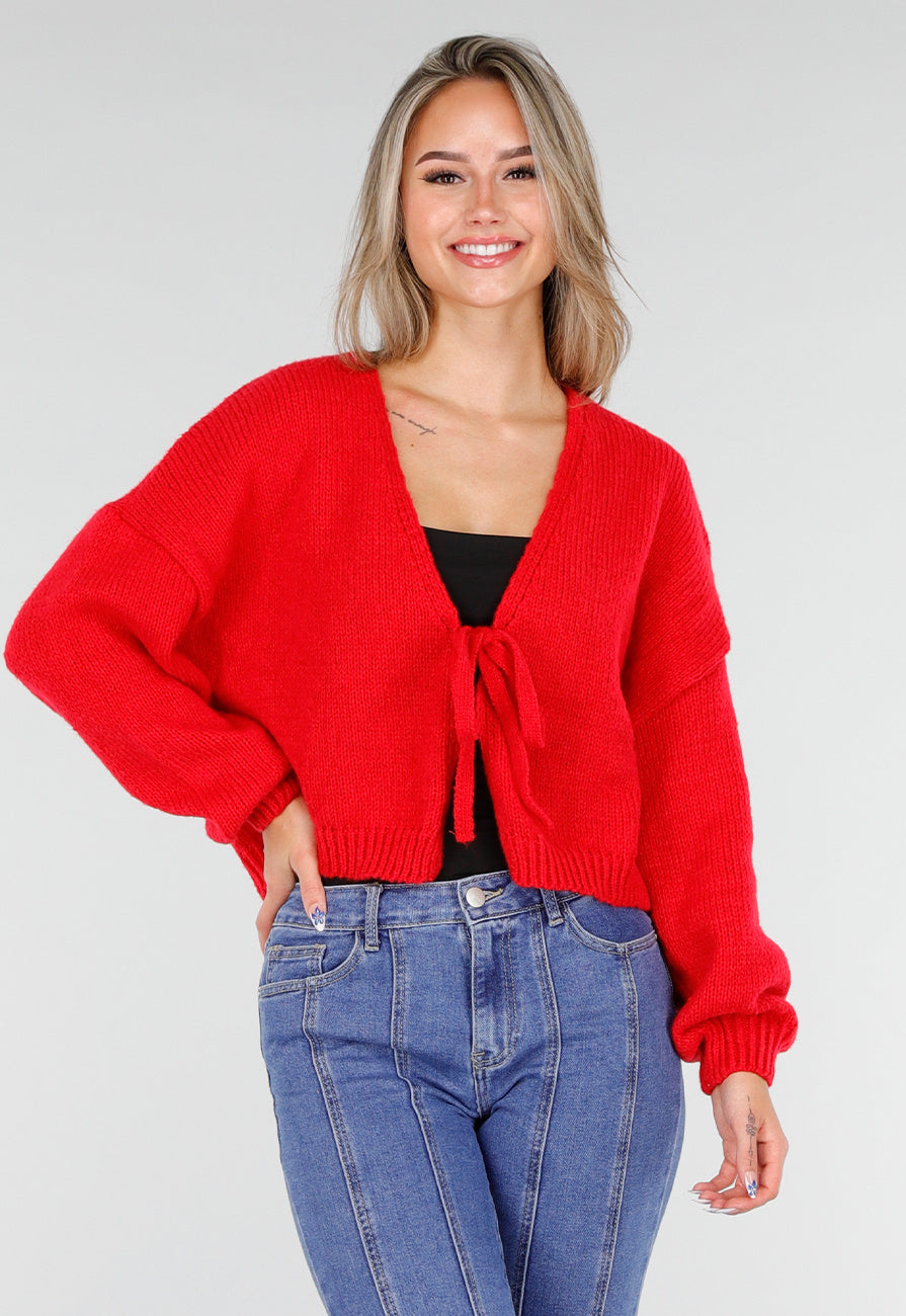 Rood Gebreid Vest met Strik aan de Voorzijde