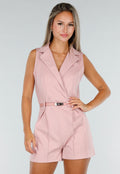 NEW020926 Roze Mouwloze Playsuit met Revers, Riem, Rits en Stretch
