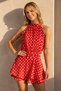 NEW220726 Rode Polkadot Playsuit met Halterhals en Volant