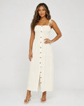 Crème Maxi Jurk met Smokwerk, Knopen en Strikbandjes