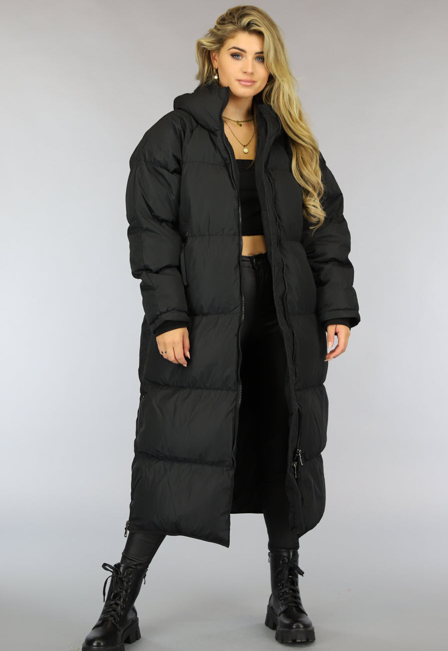 Zwarte Gewatteerde Lange Oversized Winterjas