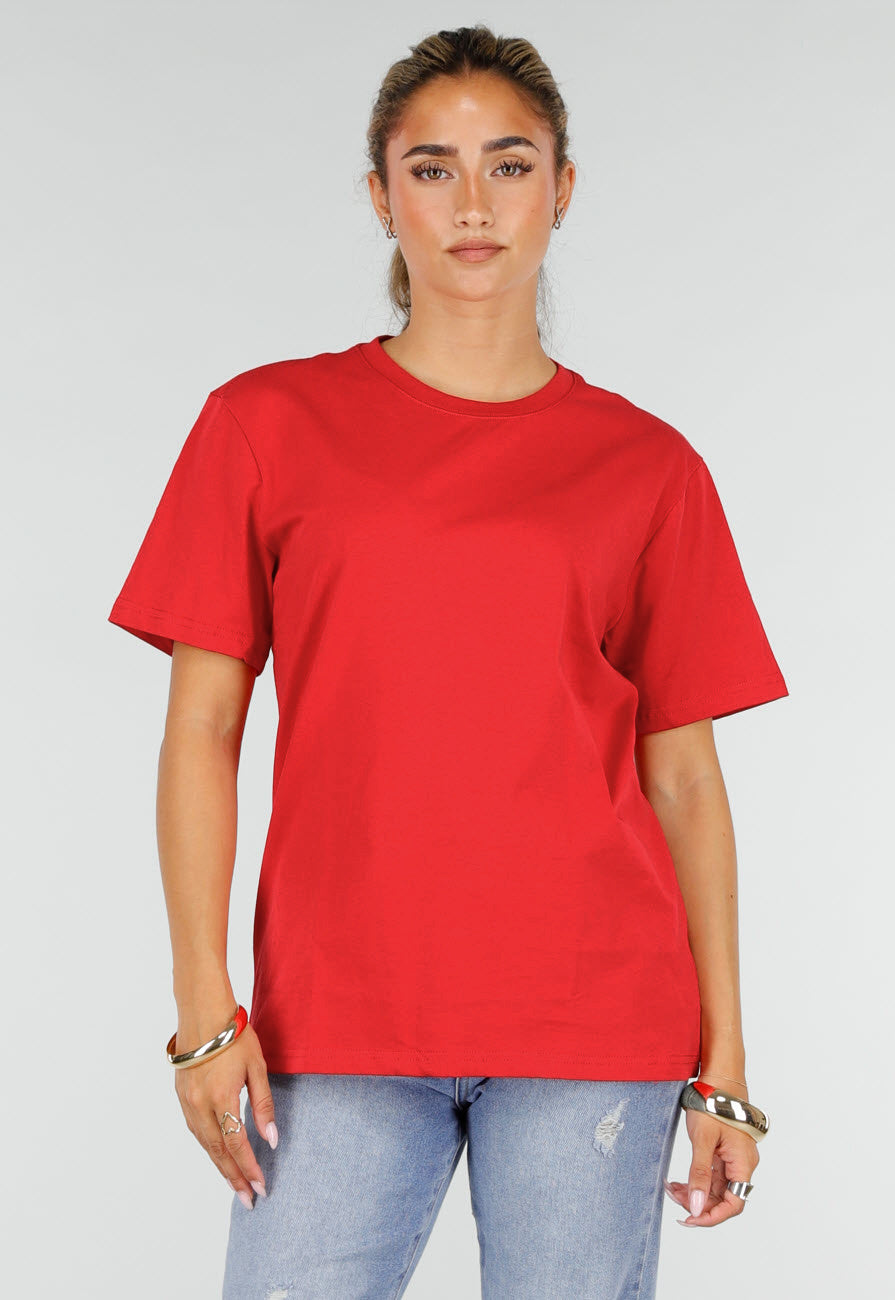 NEW220726 Rood Basic T-Shirt met Ronde Hals en Korte Mouwen