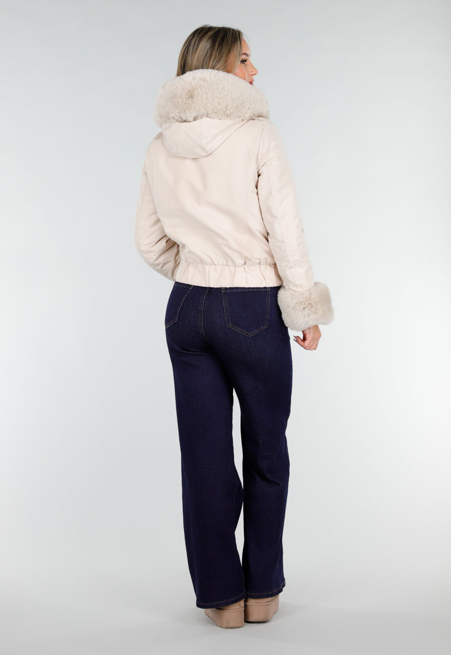 Beige Jas met Faux Fur Kraag en Manchetten