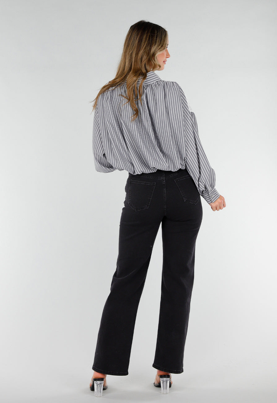 Zwarte Gestreepte Blouse met Kant en Strass Knopen