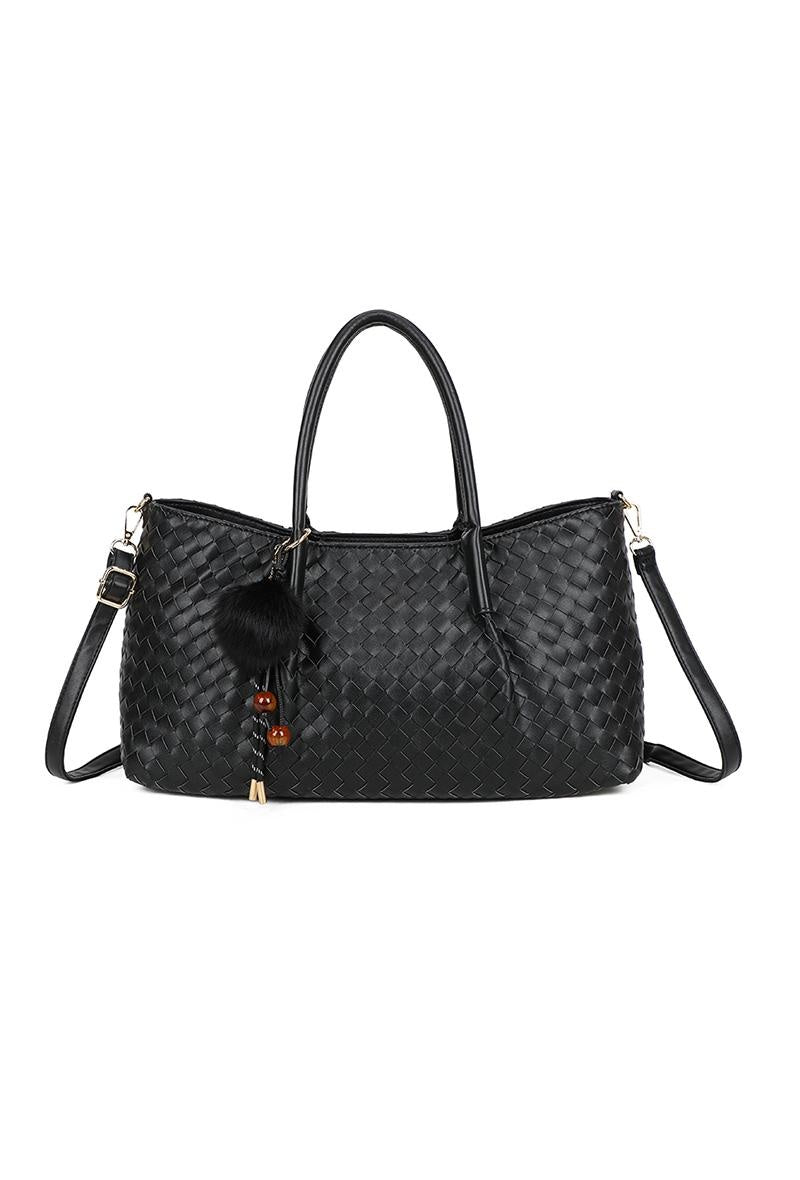 Zwarte Shopper met Gevlochten Leerlook en Decoratieve Hanger