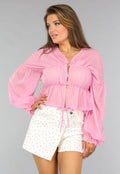 Roze Doorschijnende Blouse met Strikdetail