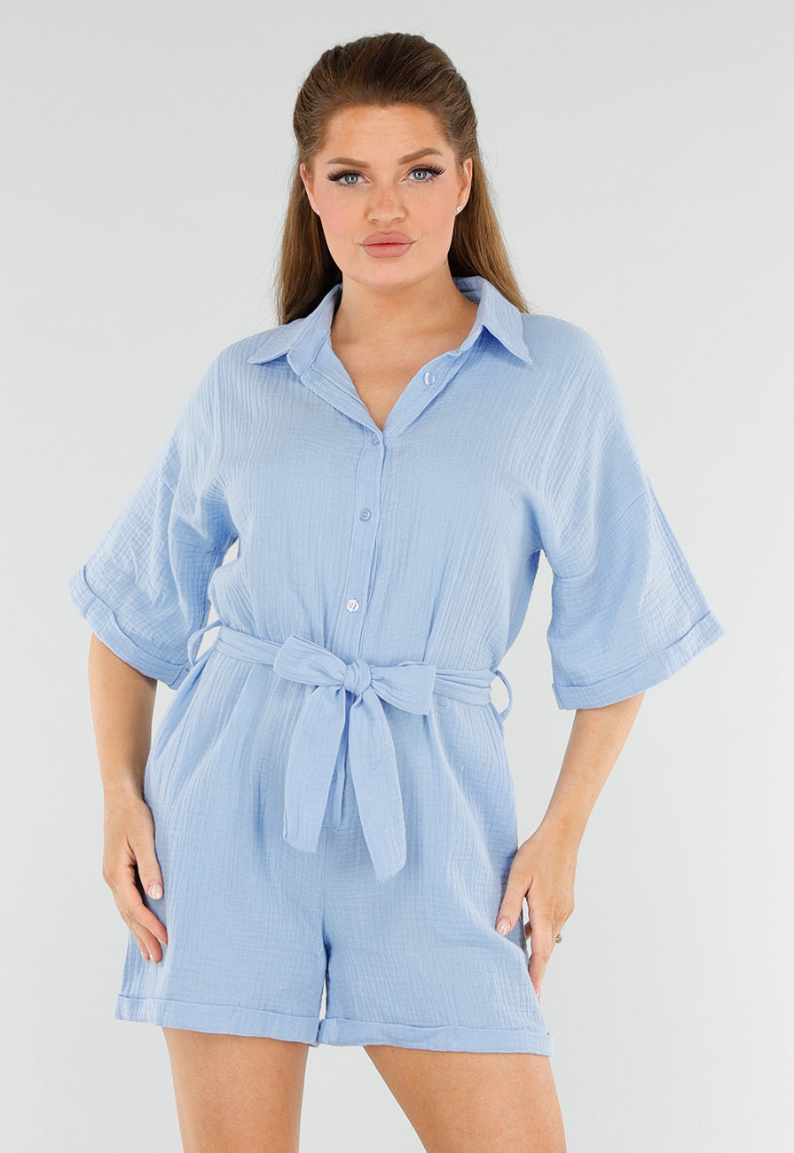 Babyblauwe Playsuit met Ceintuur, Zakken en Knoopsluiting