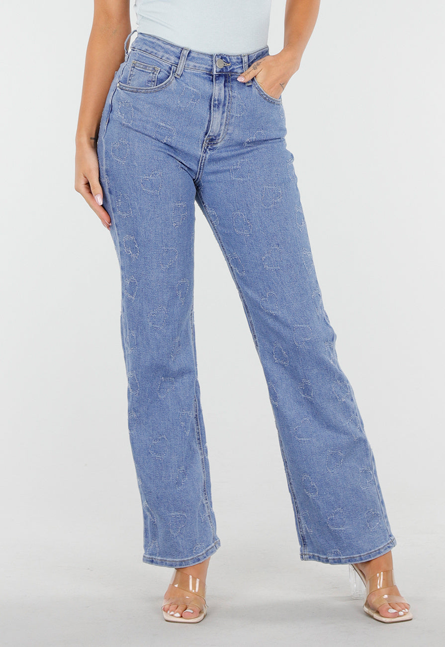 Lichtblauwe High Waist Jeans met Geruwde Hartjes