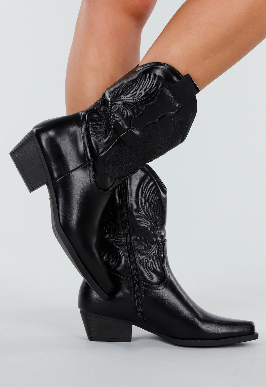 Zwarte Cowboylaarzen met Stikseldetail en Lage Hak