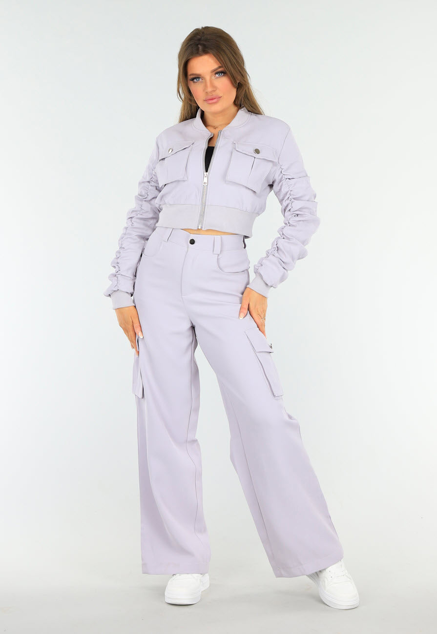 Paarse Tweedelige Set met een Bomberjas een Cargo Broek