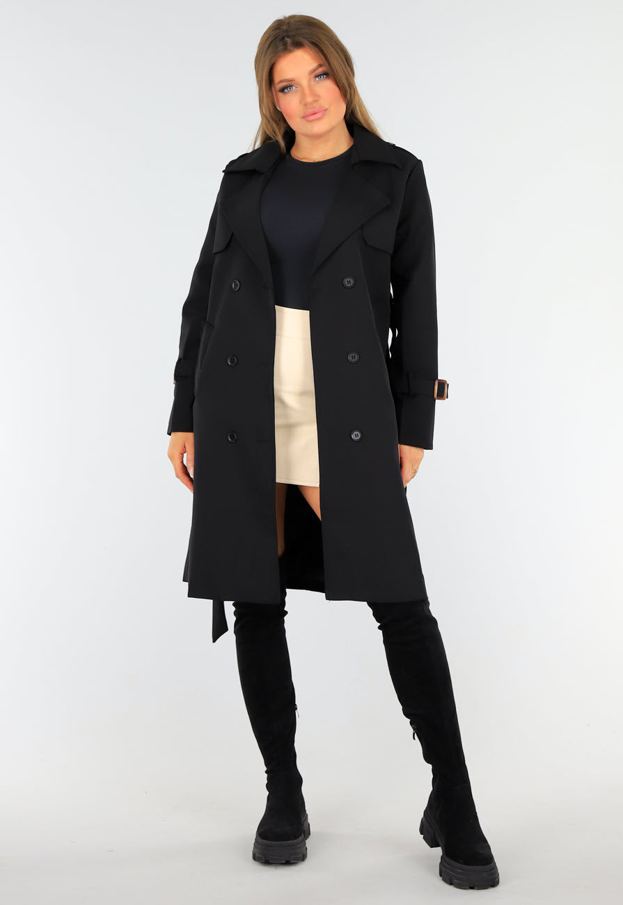 Zwarte Trenchcoat met Knoopsluiting en Gespjes