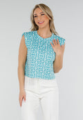 Mouwloze Azuurblauwe Stretch Loose Fit Top met Barokprint en Schoudervulling