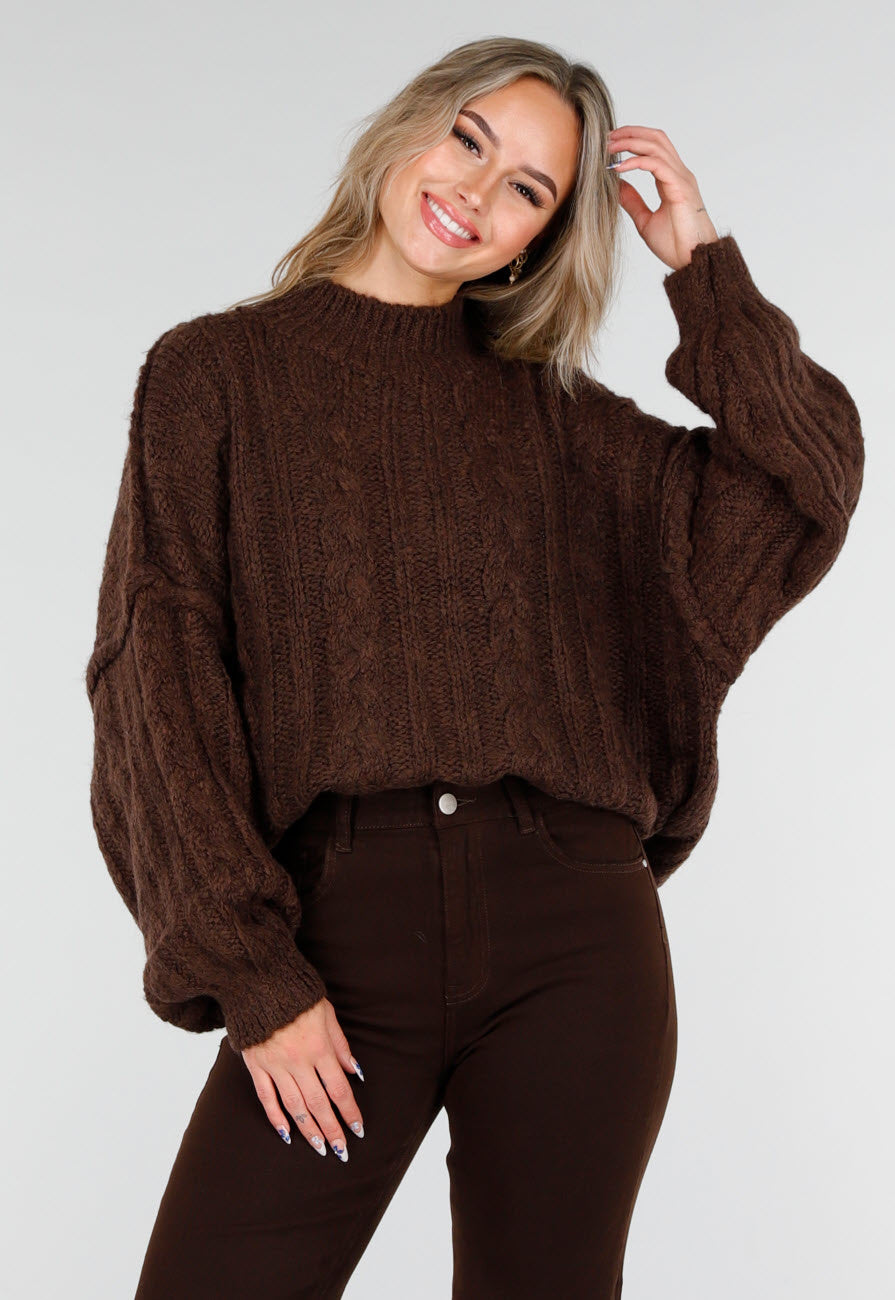 Bruine Grofgebreide Oversized Kabeltrui