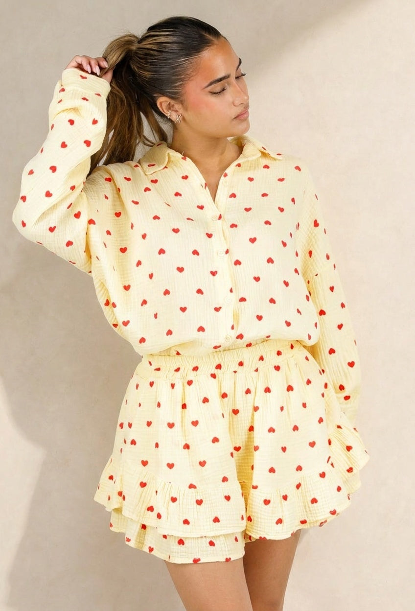 Gele Mousseline 2-Piece Set met Hartjesprint en Rokje