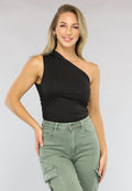 Zwarte Geplooide One Shoulder Top