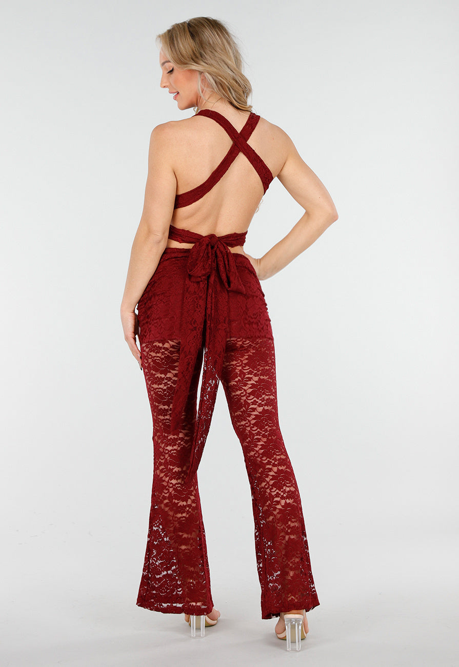 Bordeauxrode Kanten 2-Piece met Wikkel Top en Flared Broek