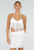 NEW120826 Witte Fringe Halter Top met Verstelbare Rugsluiting