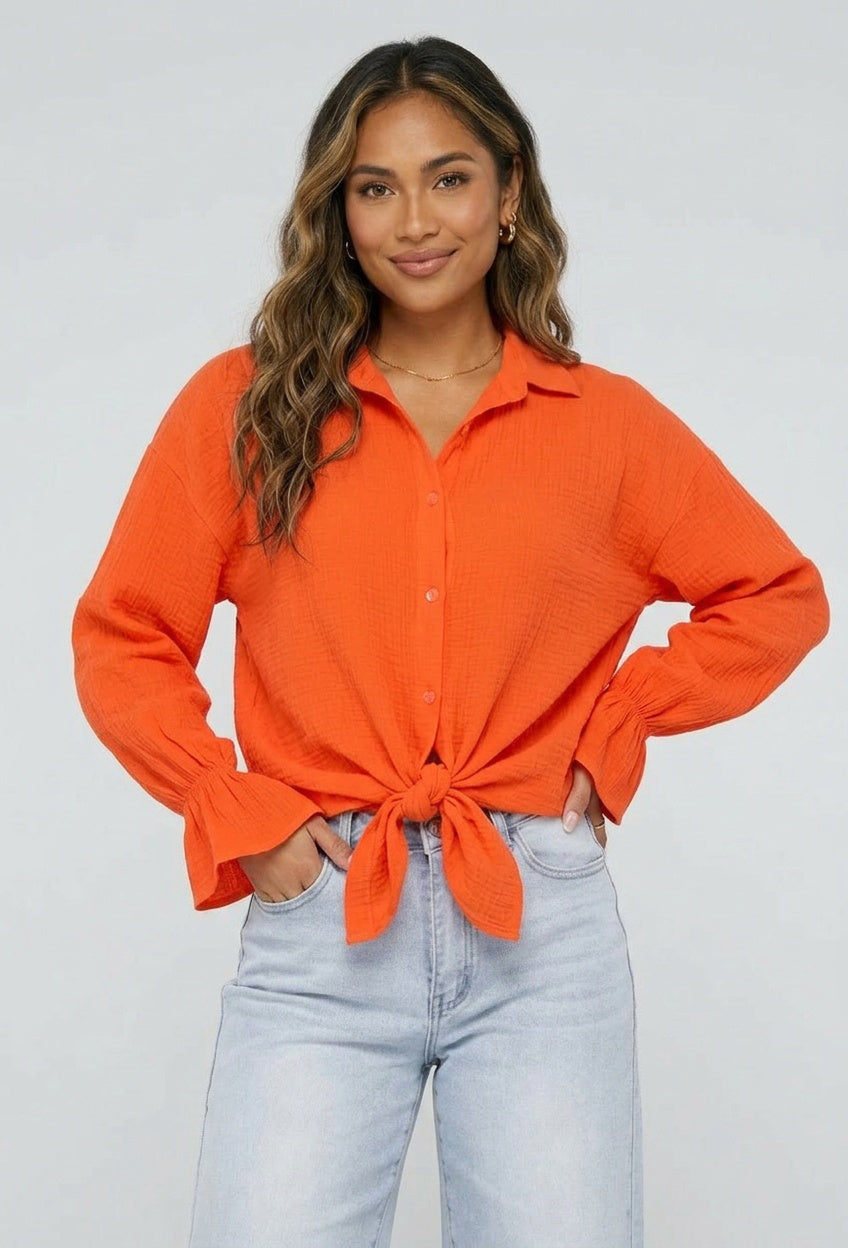 Oranje Mousseline Blouse met Trompetmouwen