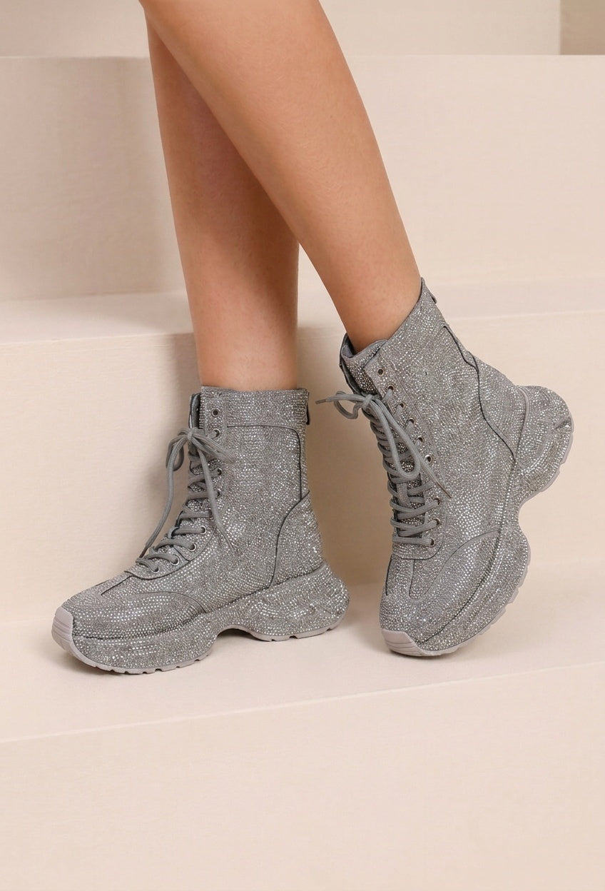 NEW290726 Zilveren Glitter Sneakers met Hoge Schacht, Veters en Rits
