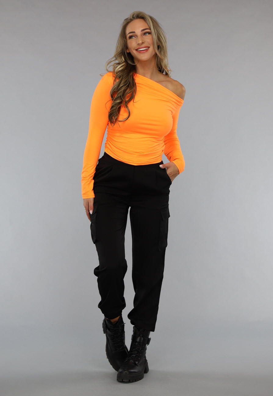 Oranje Longsleeve Top met Geplooid Effect