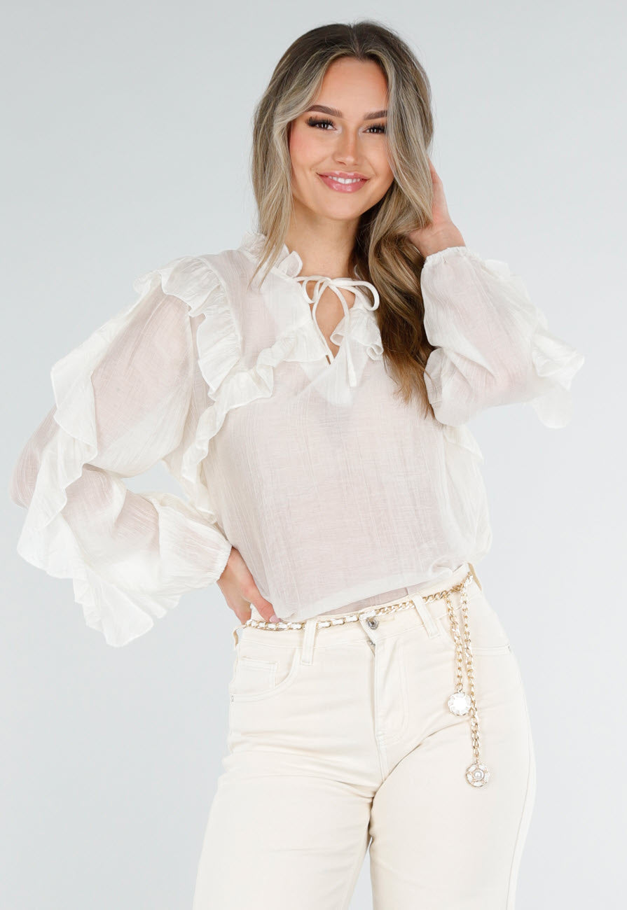 Beige Ruffle Blouse met Lange Mouwen en Striksluiting