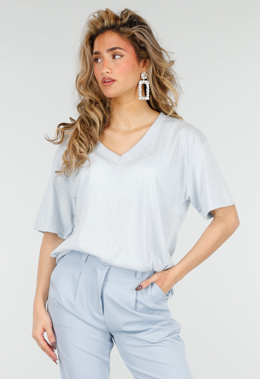 Lichtblauw Katoenen T Shirt met V Hals