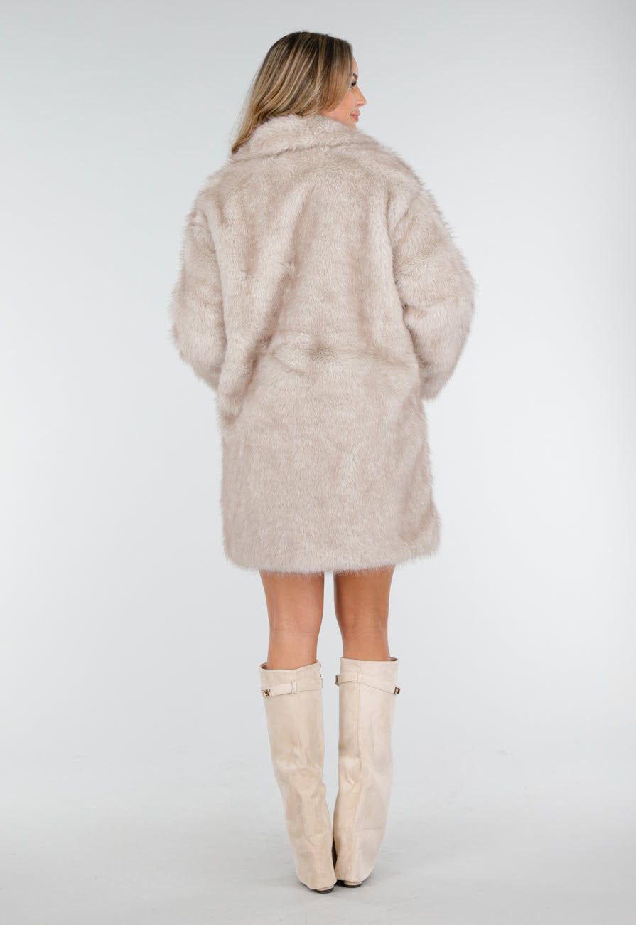 Beige Bontjas Jas met Grote Kraag en Steekzakken