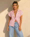 Roze Blazer Top met Stippenprint en Schoudervulling