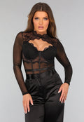 Zwarte Kanten Longsleeve Bodysuit met Cut Out