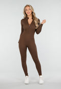 Bruine Rib Jumpsuit Met Lange Mouwen en Ritssluiting