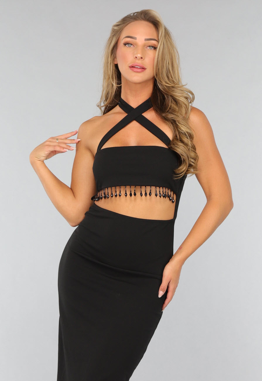 Zwarte Lange Halter Jurk met Strass Fringe