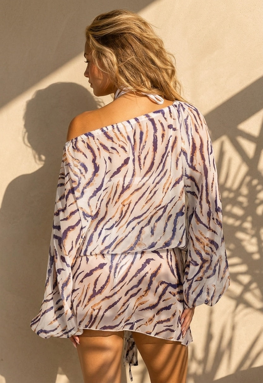 NEW220726 Witte Zebra Print Off Shoulder Jurk met Bandana en Striksluiting