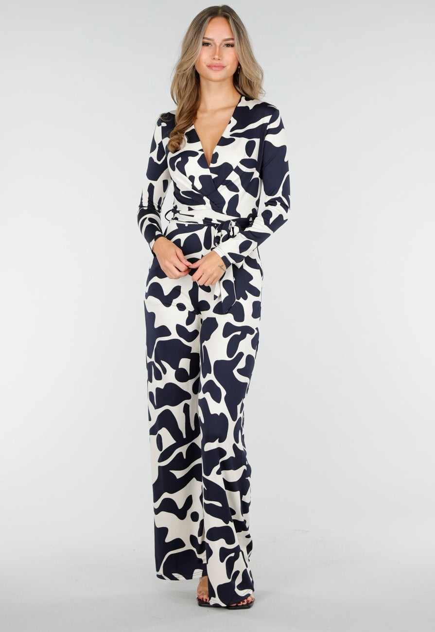 Donkerblauw-Witte Stretch Jumpsuit met Overslagtop
