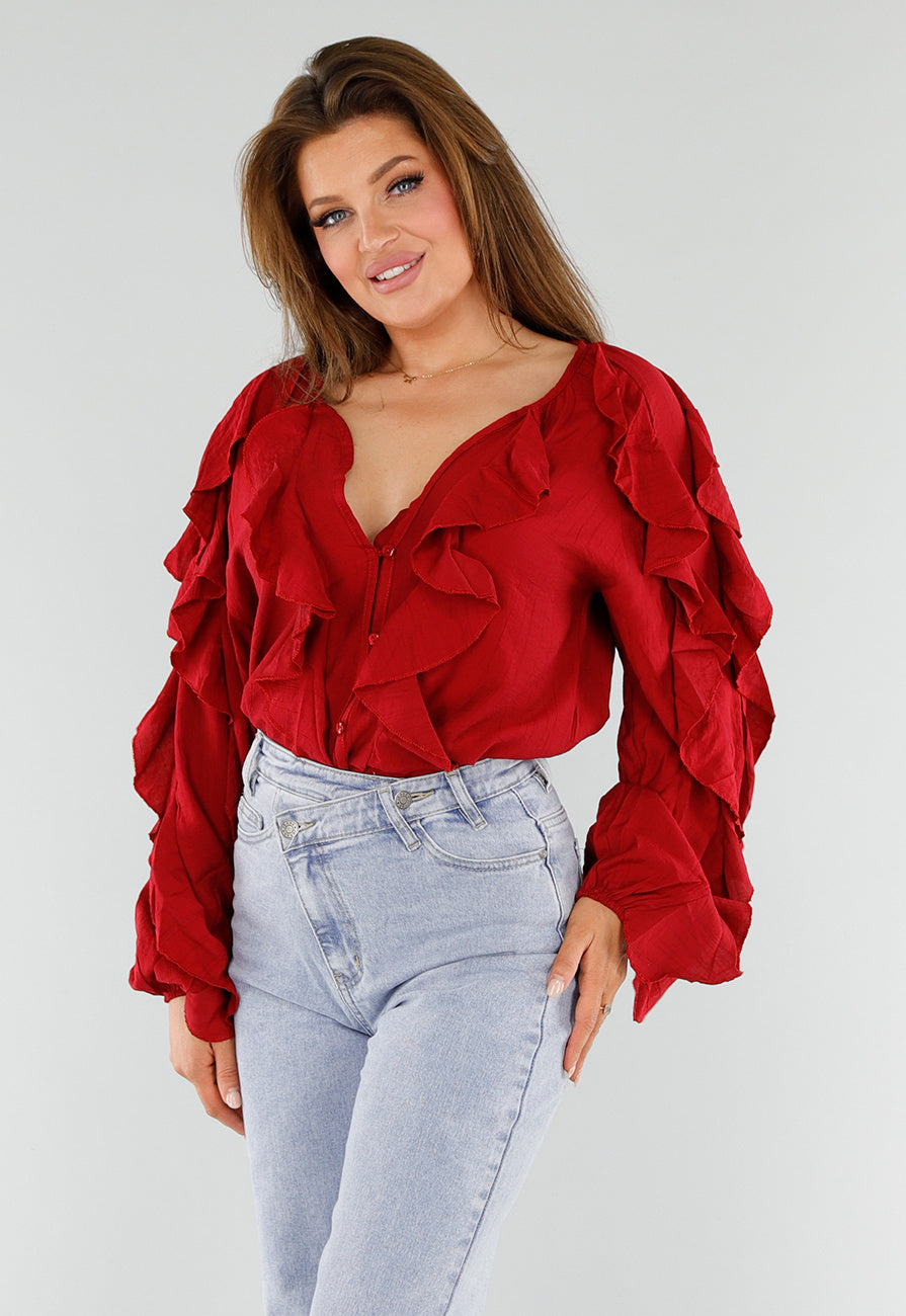 Rode Blouse met Volants en Losvallende Ballonmouwen