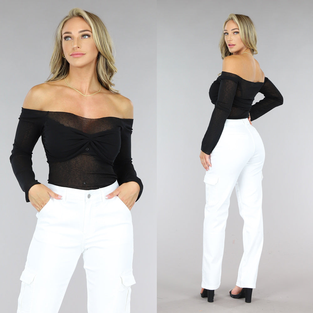 Zwarte Off-Shoulder Top met Geplooid Detail