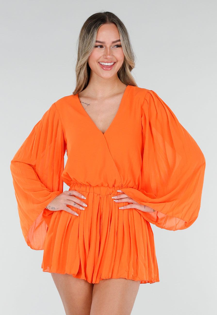 Oranje Playsuit met Lange Mouwen, V Hals en Geplooide Onderkant