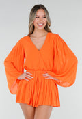 Oranje Playsuit met Lange Mouwen, V Hals en Geplooide Onderkant