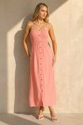 NEW220726 Coral Roze Maxi Jurk met Smock en Strikbandjes