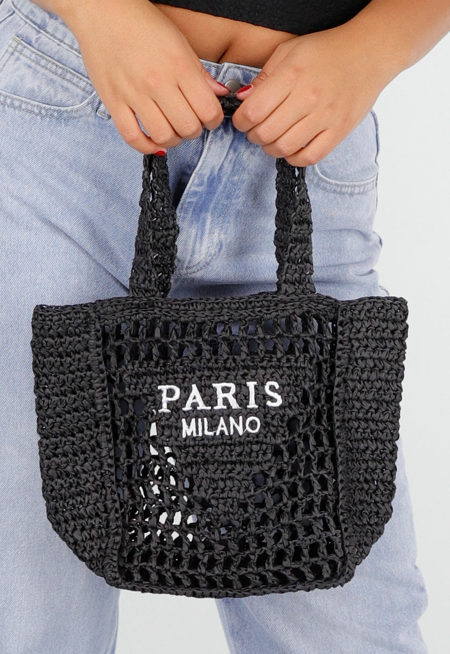 Zwarte Gehaakte Handtas met ‘PARIS MILANO’ Borduursel