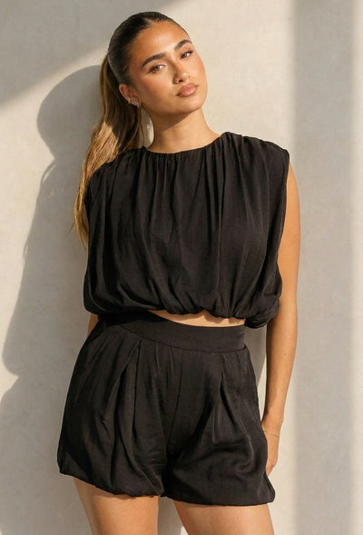 Zwarte Two Piece Set met Mouwloze Top en Ballonshort