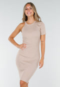 Beige Ribstof Midi Jurk met Enkele Mouw