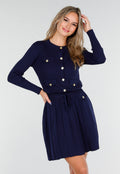 Donkerblauwe Geribde Stretch Two Piece met Goudkleurige Knopen en Plooirok