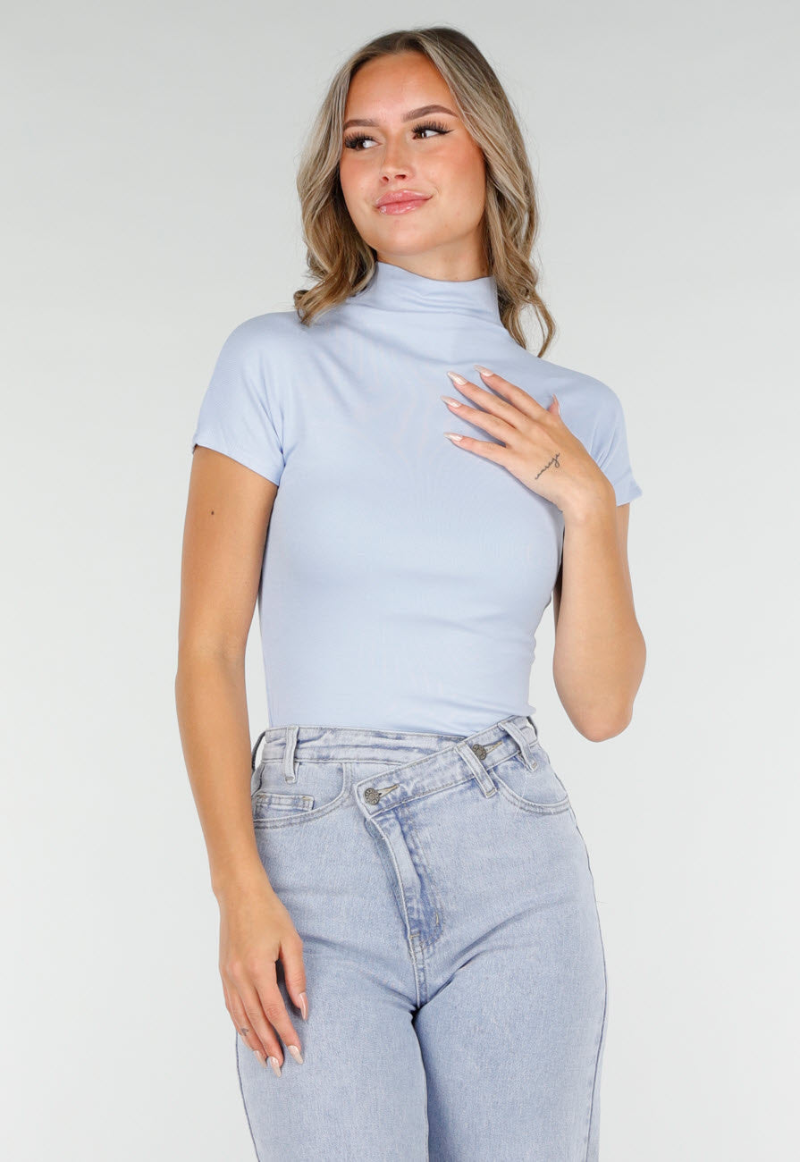 Lichtblauwe Stretch Top met Col en Korte Mouwen
