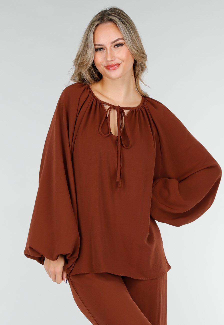 Terracotta Stretch Blouse met Striksluiting en Wijde Mouwen