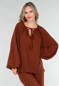 Terracotta Stretch Blouse met Striksluiting en Wijde Mouwen