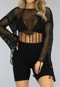 Zwarte Gehaakte Cover Up Top met Fringe en Flair Mouwen