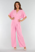 Roze Jumpsuit met V-Hals, Wijde Pijpen en Open Rug