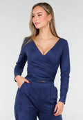 Donkerblauwe Suede Overslag Top met Stretch